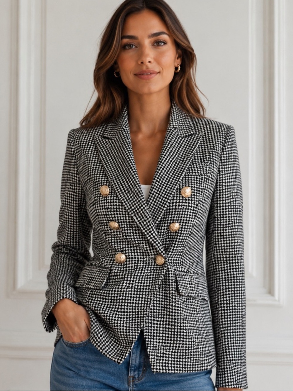 Express Black and White Houndstooth Double-Breasted Blazer